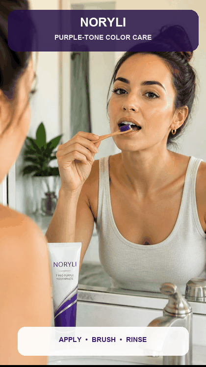 Animated NORYLI purple toothpaste brushing demonstration