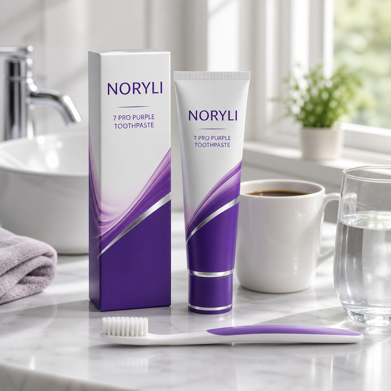 NORYLI toothpaste beside coffee, water and a toothbrush