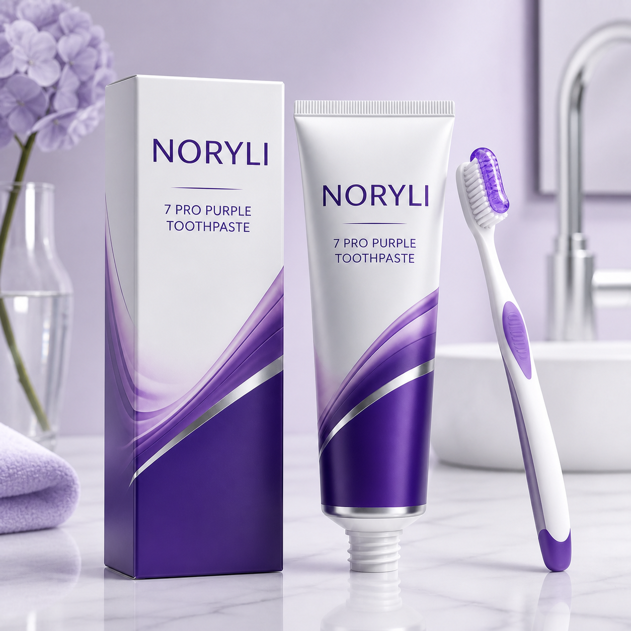 NORYLI purple toothpaste, package and toothbrush