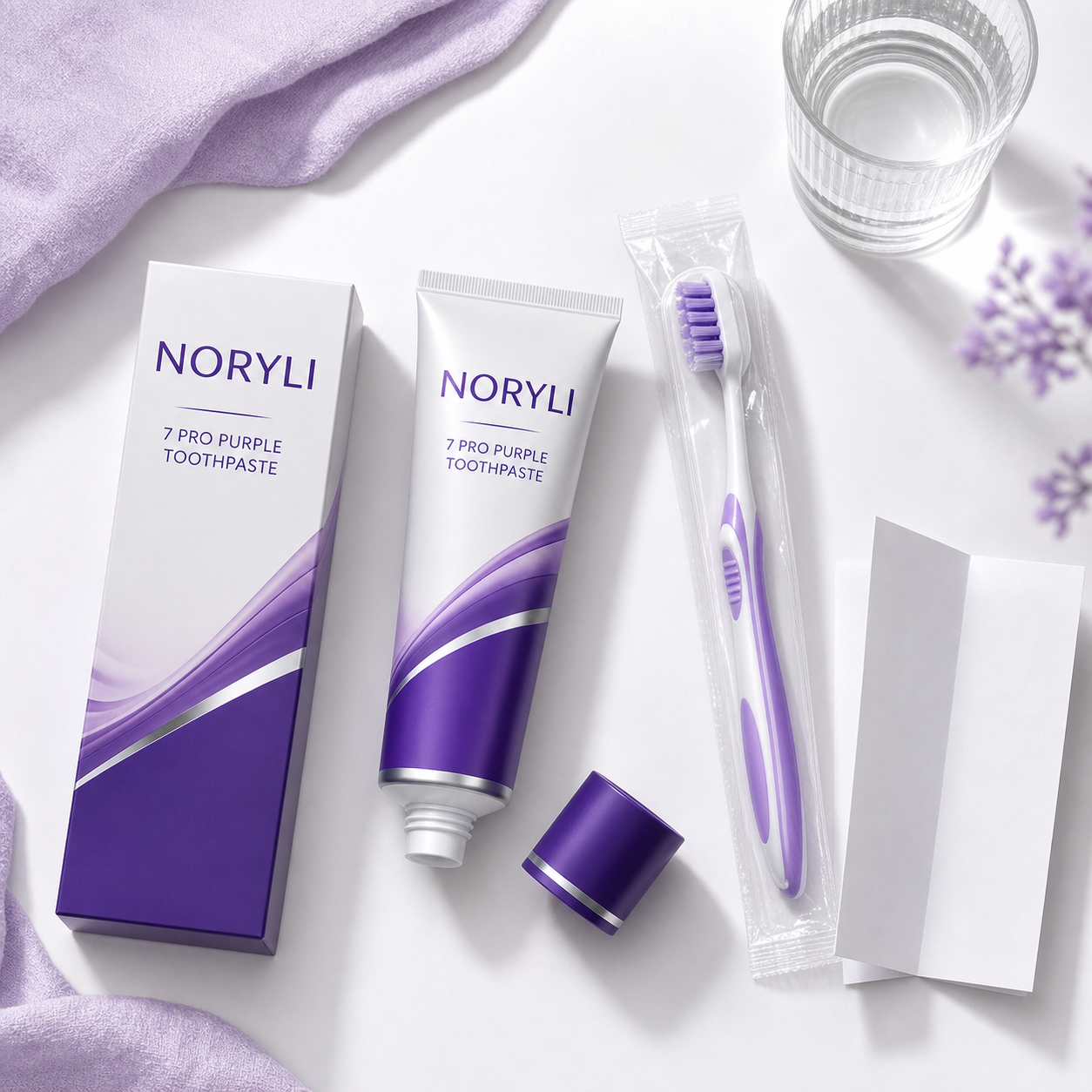 NORYLI toothpaste package with toothbrush, water and label card