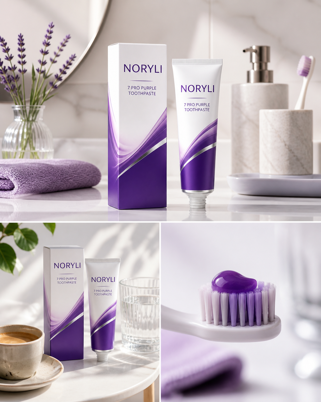 NORYLI toothpaste routine highlights with bathroom, coffee and toothbrush scenes