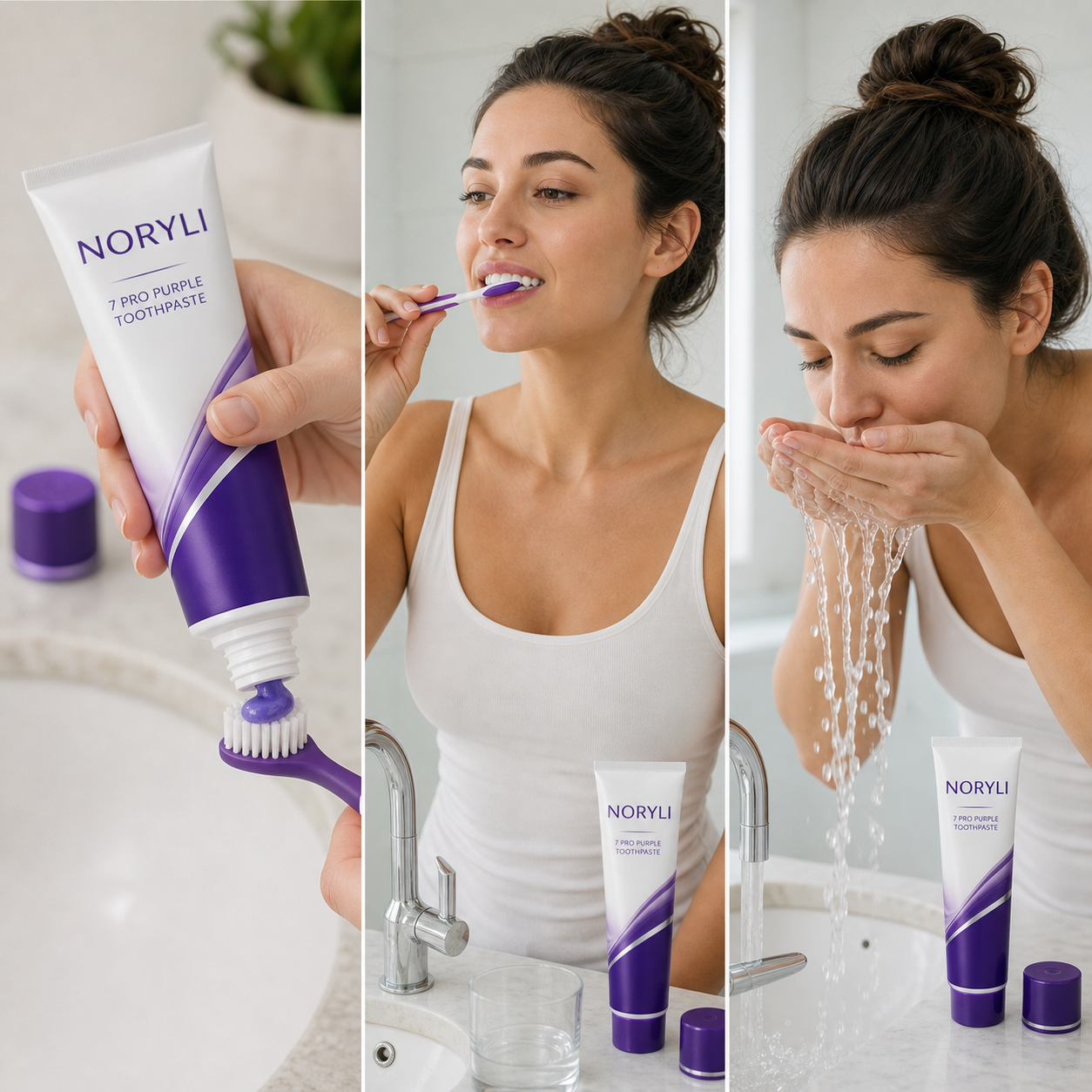 Three-step NORYLI apply, brush and rinse routine